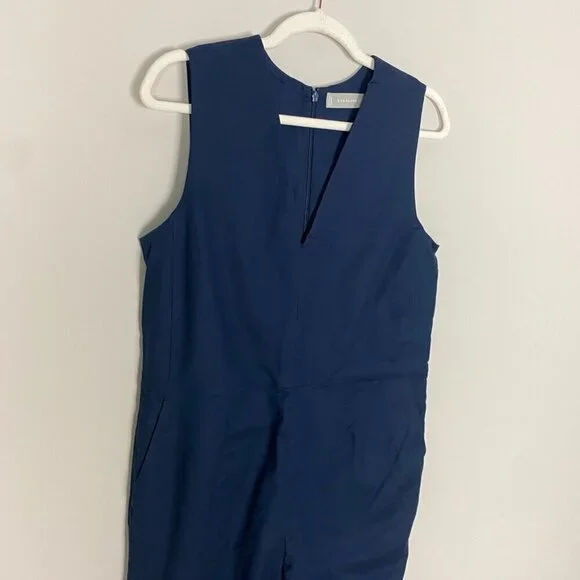 Everlane The Structured Cotton Jumpsuit Blue Sleeveless V Neck Pockets Womens 6 - Picture 3 of 7